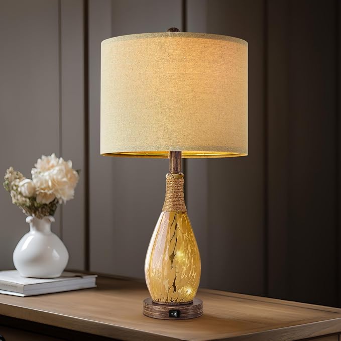 OYEARS 23" USB A+C Table Lamp for Bedroom Living Room Modern Bedside Lamps Retro Farmhouse Rattan Glass Nightstand Nightlight Lamps (Amber),Two Light Points - Bloomnest