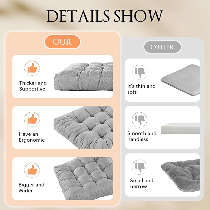 Meditation Floor Cushions, Thickened Floor Pillow for Adults, Large Square Pillows Seat Cushion for Tatami Living Room Yoga, Memory Sponge Block Added, 22x22 Inch, Grey