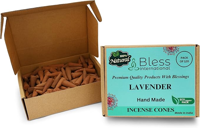 Bless International Lavender 100%-Natural-Incense-Cones Handmade-Hand-Dipped Organic-Chemicals-Free for-Purification-Relaxation-Positivity-Yoga-Meditation The-Best-scents (120 Count) BlessInternational