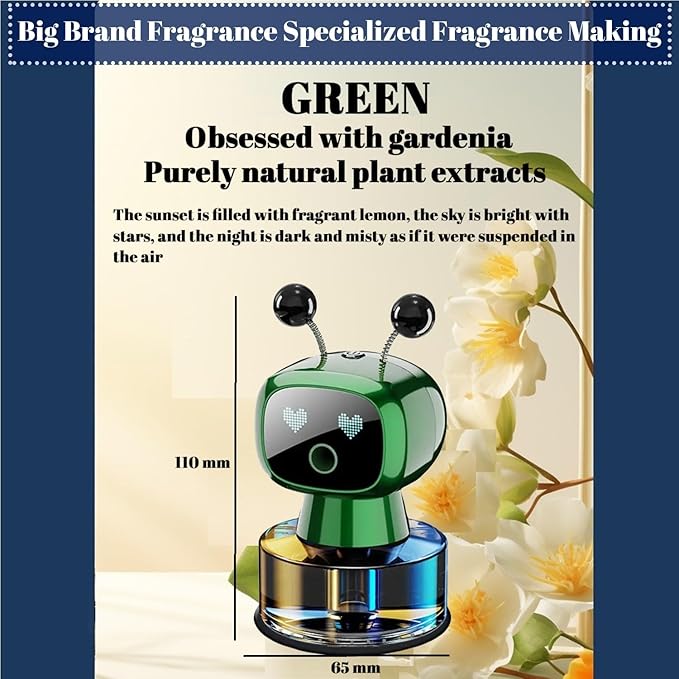 Robot Intelligent Aromatherapy Machine, Smart Cute Robot Car Air Freshener - Fine Spray/Fillable/Four-Gear Adjustment/Vibration Sensing/On-Off/Large Capacity Long-Lasting Fragrance/Green-V2(Gardenia) - Bloomnest