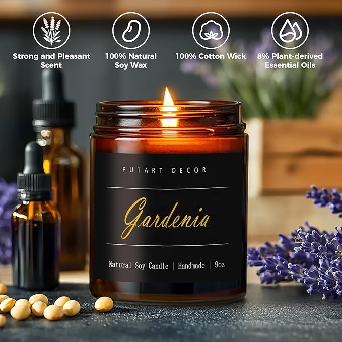 Gardenia Scented Candles for Home, 9oz Natural Soy Wax Aromatherapy Organic Santal Candle for Stress Relief, Long Burning & Lasting Jar Candle Gifts for Birthday, Housewarmings, Thanksgiving - Bloomnest