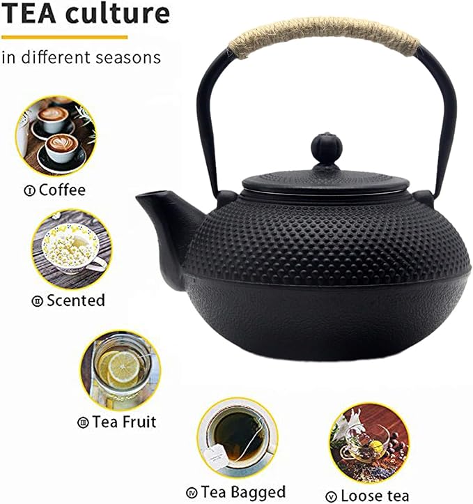 Big Cast Iron Teapot, Japanese Tetsubin Tea Kettle for Stovetop Safe, Cast Iron Teapot with Stainless Steel Infuser for Loose Tea and a Fully Enameled Interior (1500ml Tea Set with Cups) - Bloomnest