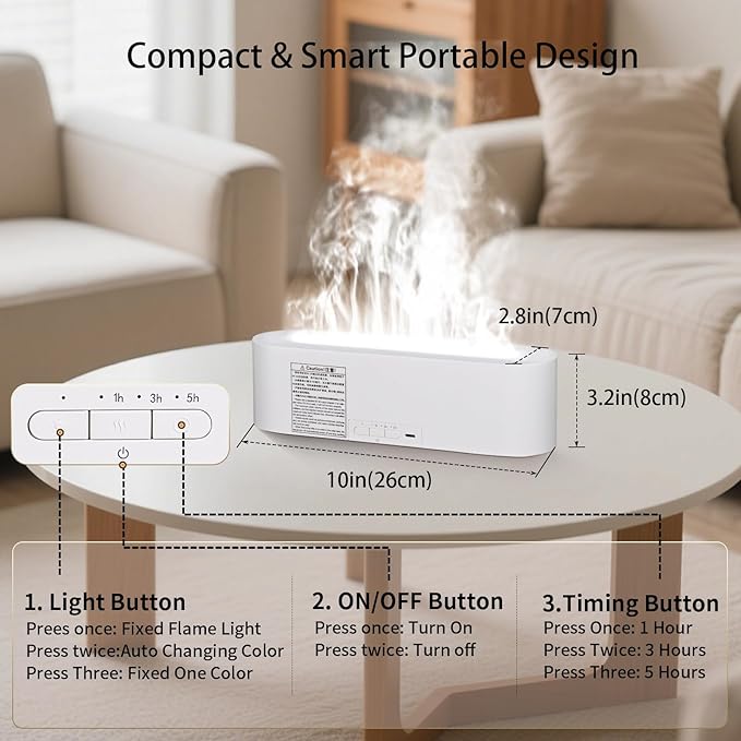 Essential Oil Diffuser, 180ml Flame Air Diffuser Humidifier, Ultrasonic Fireplace Aromatherapy Diffuser with 7-Color LED Light, 3 Timer, Auto-Off for Bedroom Home Room Decor & Gift - Bloomnest