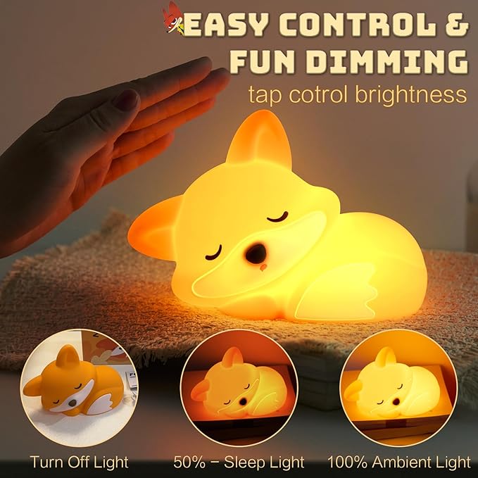 Fox Night Light for Kids, Cute Lamp Xmas Fox Gifts, Squishy Rechargeable Dimmable Toy, LED Woodland Animal Nightlight, White Elephant Gift, Fall Room Décor, Silicone Touch Light Up Foxes - Bloomnest