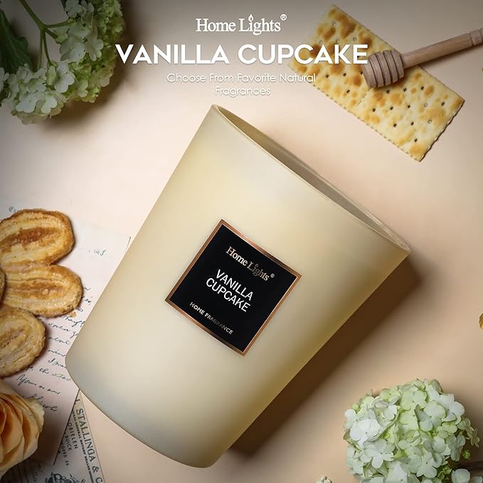 HomeLights Highly Scented Soy Candles Big 33.3 oz for Home. 3 Cotton Wicks, Smokeless Long Lasting 130 hrs in Vanilla Cupcake. 5x6, Great Gift for Women & Men - Bloomnest