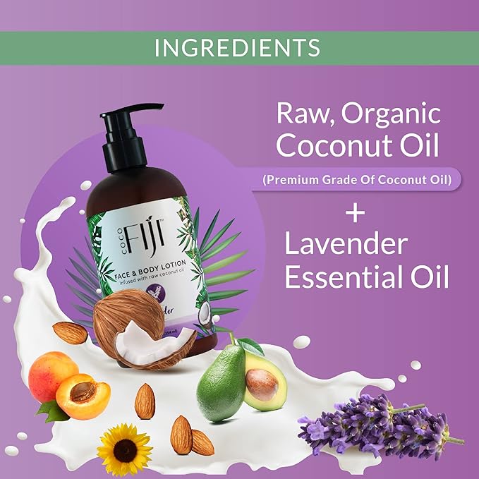 Coco Fiji Face & Body Lotion Infused With Coconut Oil | Lotion for Dry Skin | Moisturizer Face Cream & Massage Lotion for Women & Men |Lavender 12 ozPack of 3 - Bloomnest