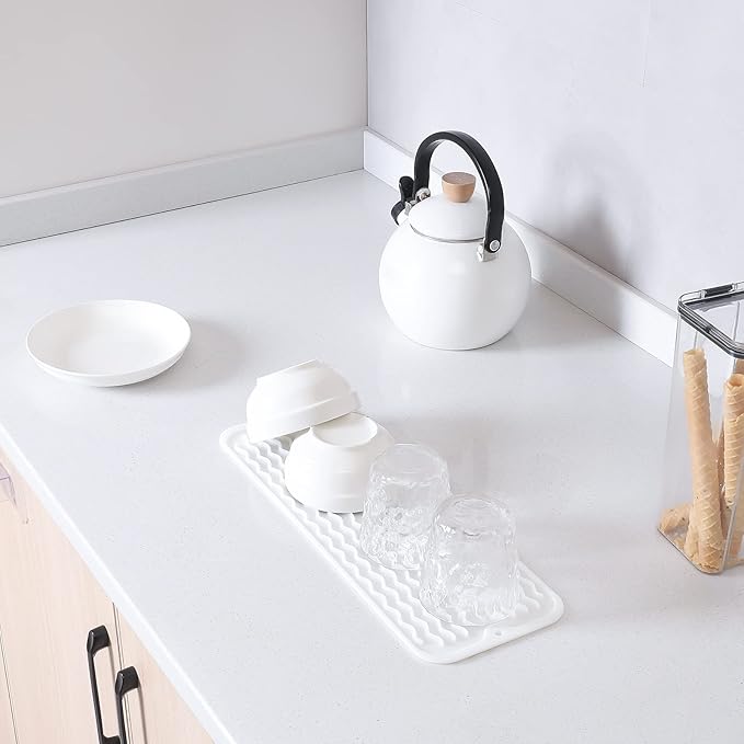 Silicone Dish Drying Mat for Multiple Usage,Easy clean,Eco-friendly,Heat-resistant Silicone Mat for Kitchen Counter,Sink,Bar,Bottle,or Cup White M 17 inches x 6 inches - Bloomnest