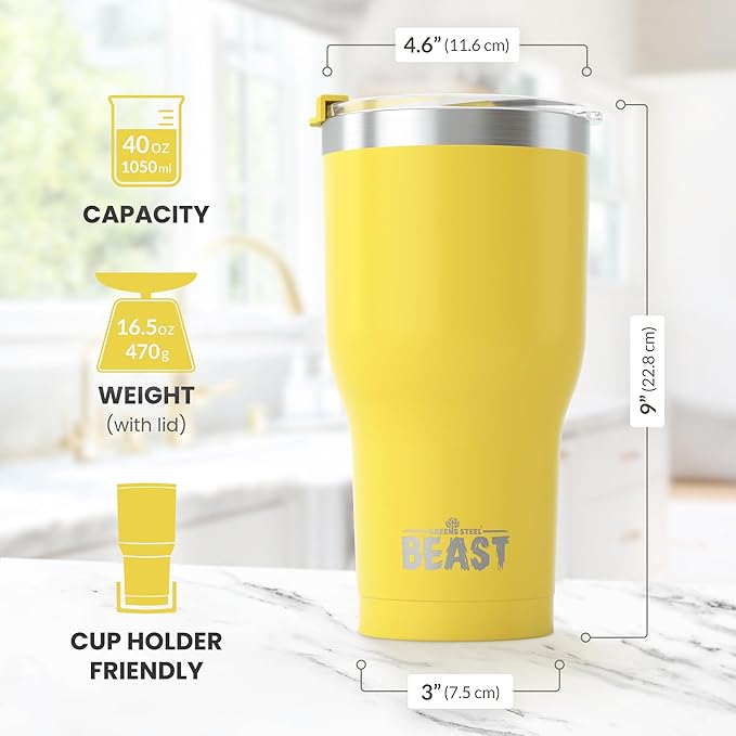 Beast 40 oz Tumbler Stainless Steel Vacuum Insulated Coffee Ice Cup Double Wall Travel Flask (Lemon) - Bloomnest