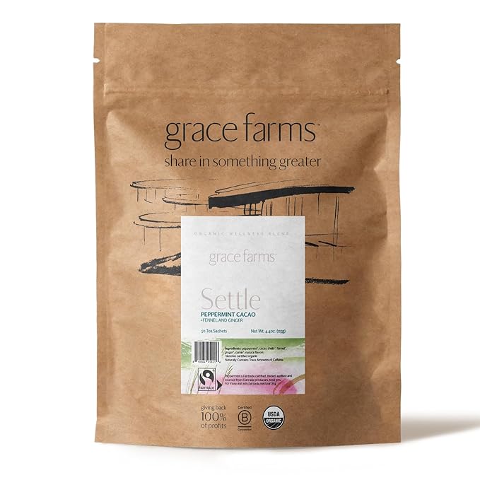 Grace Farms SETTLE Wellness Organic Tea Blend (50 Sachet Pouch) | Peppermint Cacao | Relaxing and Digestive Support | Fairtrade and Kosher | Filled With Antioxidants and Stress-Relieving Herbs | Gives Back 100% of Profits - Bloomnest