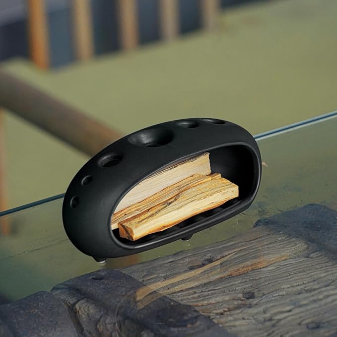 3 in 1 Palo Santo Holder for Sage Bundles Cone Incense, Handcrafted Ceramic Incense Burner Holder Ash Catcher with Chimney, Smudge Bowl for Yoga Meditation Home Decor (Multi - Porous Black) GRAMSTORMAX