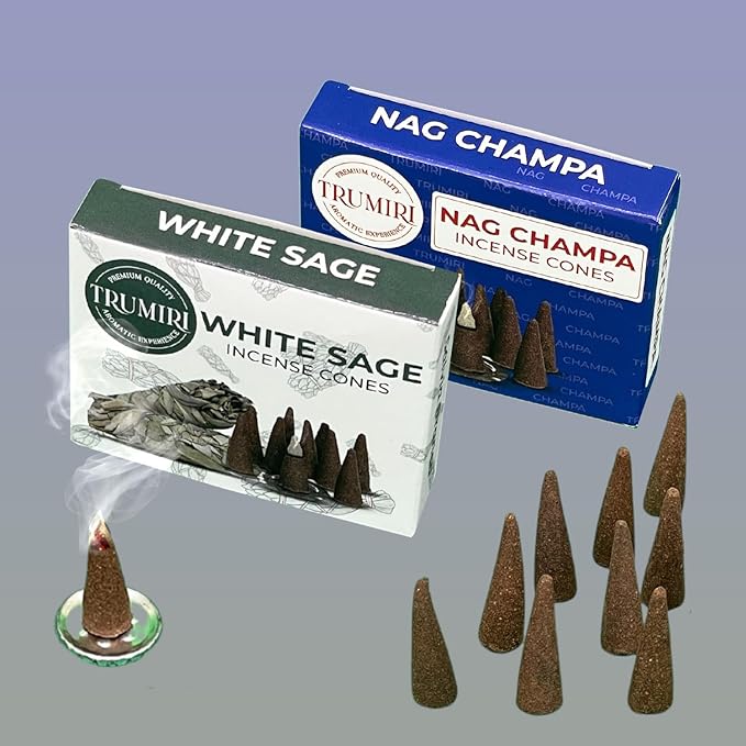 TRUMIRI Incense Cones - Combo Pack of 20 Cone Incense - 10 Nag Champa + 10 White Sage - Insence Cones - Incense Cones Scented - Cone Incense Scents - Insense Cones - Incent Cone TRUMIRI