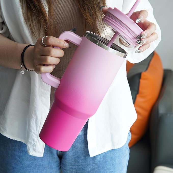 40 oz Tumbler with Handle and 2 Straws,2 in 1 Lid Insulated Water Bottle Stainless Steel Travel Coffee Mug,Day Night - Bloomnest