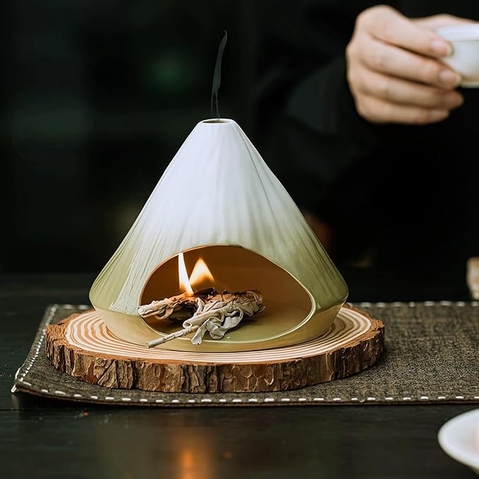 Handmade Ceramic Palo Santo Holder Burner & Sage Holder - Mini Tabletop Chiminea Burner Tray with Ash Catcher, Decorative Incense Holder for Spiritual Meditation & Yoga - Bloomnest
