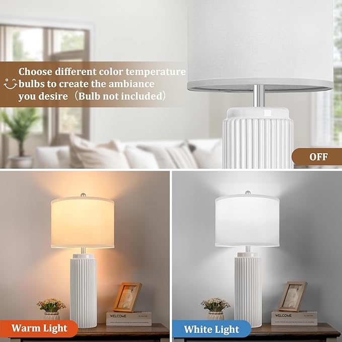 TOBUSA 28’’ Modern White Ceramic Lamps Set of 2 for Living Room, Vintage Nightstand Lamps for Bedroom, Farmhouse Bedside Lamps with Linen Shade, Elegant Decor Lamp Sets for Home Office - Bloomnest