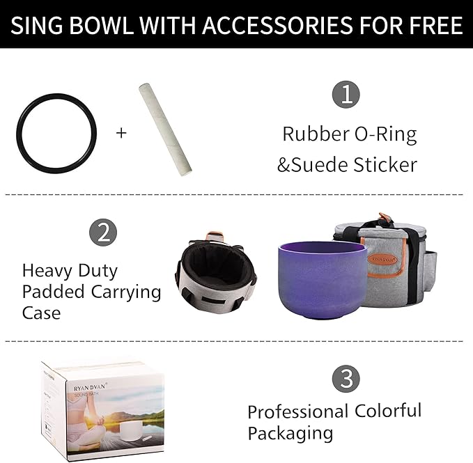 RYAN DVAN 8” B Note Purple Frosted Crown Chakra Crystal Singing Bowl with Free Heavy-Duty Carrying Case and Suede Striker O-Ring - Bloomnest