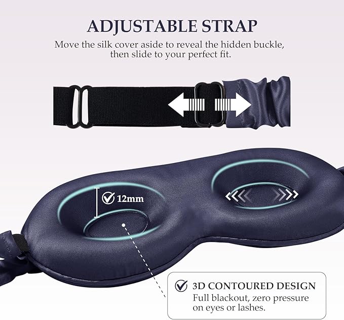 100% Pure Mulberry Silk Sleep Mask, 3D Contoured Cup Eye Mask for Sleeping, 22 Momme Super Soft Breathable Blindfold, Adjustable Blackout Travel Silk Eye Cover Blue - Bloomnest