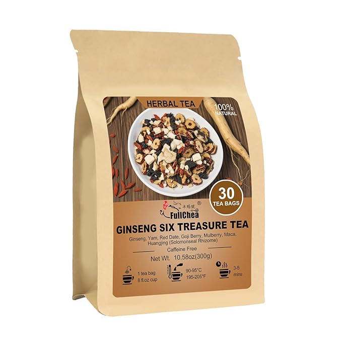 FullChea - Ginseng Six Treasure Tea, 30 Teabags, Traditional Chinese Herbal Blend for Kidney Health, Detox Tea With Ginseng, Mulberry, Huangjing, Maca, Goji Berry, Red Dates, Yam - Support Wellness - Bloomnest