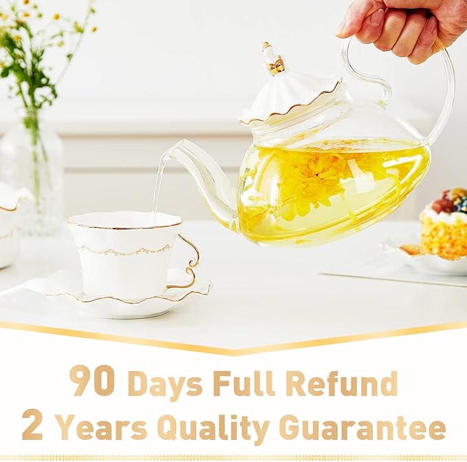 DUJUST Blooming Tea Pot Set, Luxury British Design with Relief Decor & Gold Trims, Hand-Crafted Clear Teapot with Warmer, 40oz Glass Teapot with Infuser, Stove-Safe Tea Party Gift & Home Décor - Bloomnest