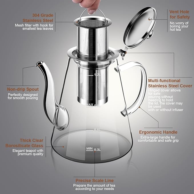 Glass Teapot, 1200ml (40oz) Tea Pot with Infuser for Loose Tea and Blooming Tea, Stovetop Safe Tea Kettle, Hand Crafted Borosilicate Glass Tea Maker with Scale Line, Tea Gift Set for Tea Lovers - Bloomnest