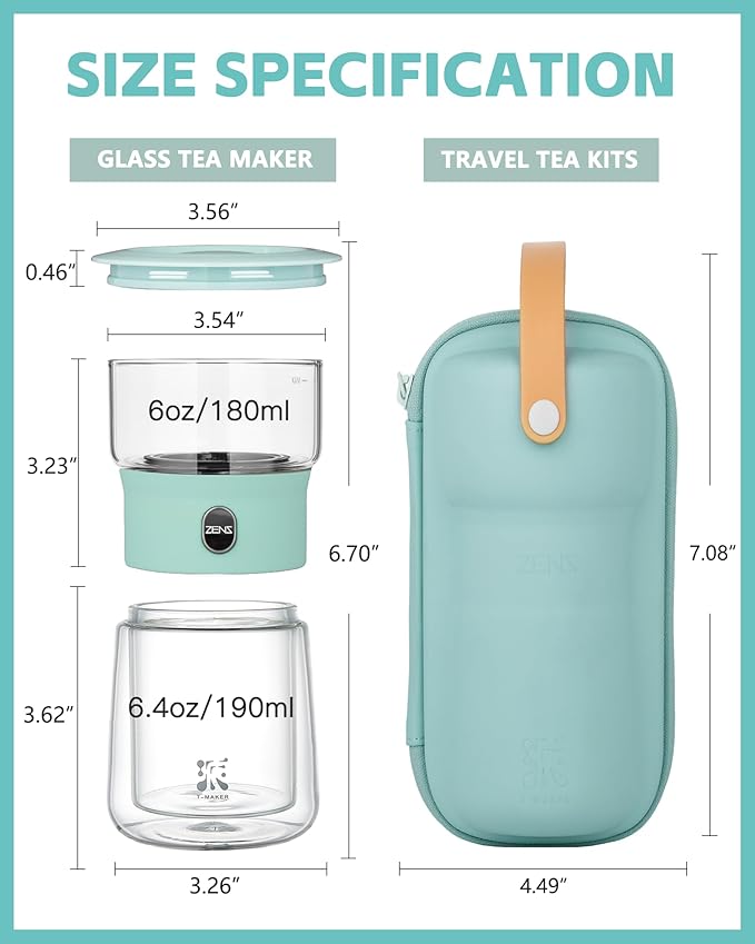 ZENS Modern Glass infuser Teapot, Small One Touch Tea Maker for Loose Tea Diffusers with 200ml Insulated Cup and Blue Portable Carry Case, Magic Gongfu Tea Pot for Tea Lovers Gifts - Bloomnest