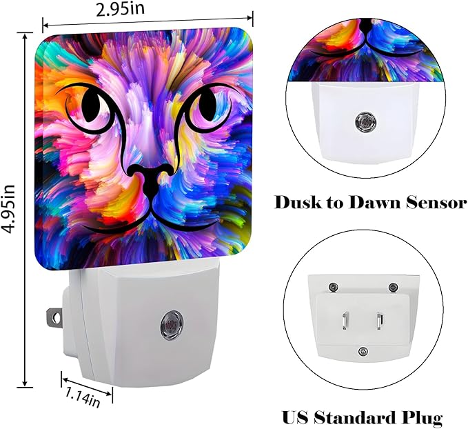 Colorful Cat Face Night Light,Plug Into Wall Decor for Stairway,Hallway,Kitchen,Dusk to Dawn Sensor Nightlights for Boys/Girls/Women/Men Room Gifts - Bloomnest