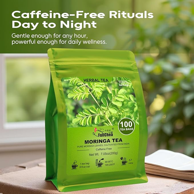 FullChea - Moringa Tea Bags, 100 Count - Pure & Natural Rosabella Moringa Leaves, Cultivated From India - Caffeine-free Herbal Tea for Supporting Digestion & Immune System - Non-GMO - Bloomnest