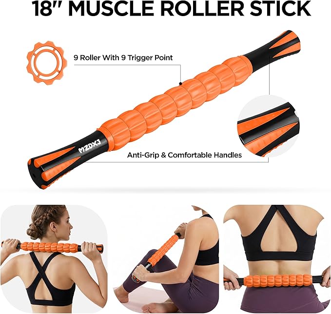 Muscle Roller & Massage Roller Stick for Athletes - Lymphatic Drainage Support, Relieves Muscle Soreness, Cramping & Tightness - Targets Legs, Arms, Back & Calves （Orange - 18inch） - Bloomnest