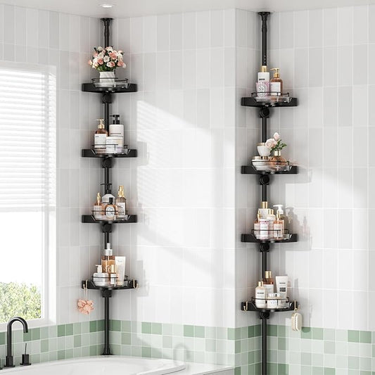 360° Rotating Corner Shower Caddy Tension Pole Organizer - 4-Tier Adjustable Rustproof Metal Pole, Plastic Shelves with Safety Guardrail, Bathroom Storage for Shower & Bathtub(Black) - Bloomnest