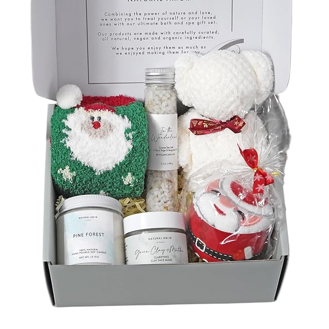 Natural Amor Christmas Spa Gifts for Women and Men,6 pcs Self Care Box Including Candle, Bath Salt, Socks, Thank You Gift - Bloomnest