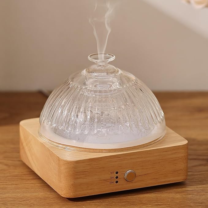 Glass Essential Oil Diffuser with Glass Reservoir & WoodBase, 200ml Ultrasonic Lock Color Timer Auto-Off 7 Color Light Aroma Glass Dome Diffuser for Home Office Bedroom Yoga - Bloomnest