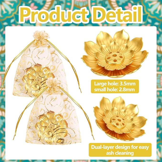 72 Pack Diwali Gifts Bulk, Lotus Incense Holder, Indian Return Gifts for Pooja Bulk, Gold Lotus Incense Sticks Holder with Organza Bags & Thank You Cards, Indian Return Gift - Bloomnest