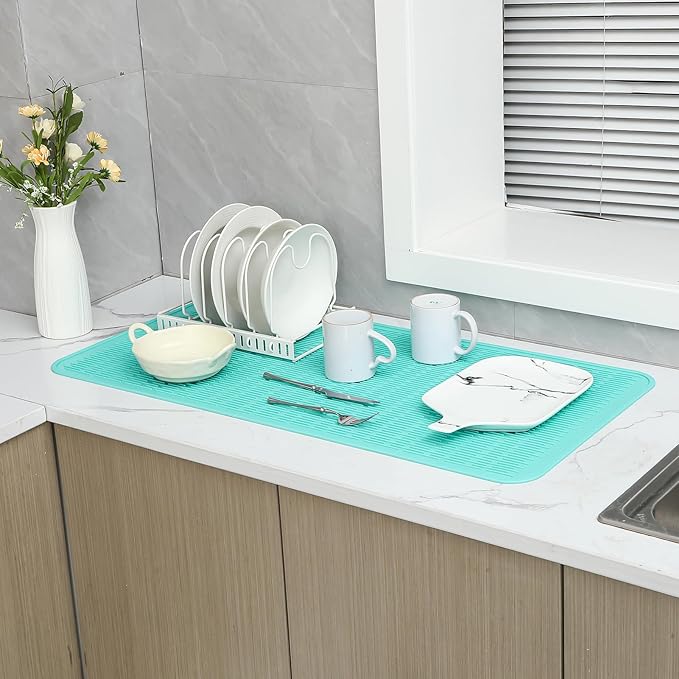 Silicone Dish Drying Mat for Multiple Usage,Easy clean,Eco-friendly,Heat-resistant Silicone Mat for Kitchen Counter or Sink,Refrigerator or Drawer Liner Mint 5XL 36inches x 18inches - Bloomnest