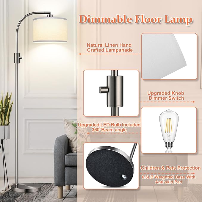 Nintiue Dimmable Floor Lamp, 1200 Lumens LED Edison Bulb Included, Arc Floor Lamps for Living Room Modern Standing Lamp with Linen Shade, ‎F1599 - Bloomnest