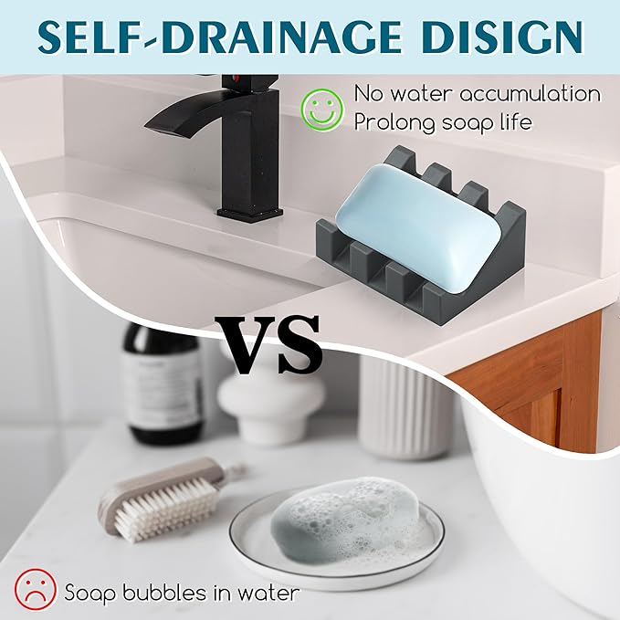 Silicone Soap Dish with Drain, Upgrade Double Suction Cups at The Bottom for Anti-Slip and Stability, Soap Dish Shower Waterfall Bar Soap Holder Tray with Drain Soap Holder (3, Grey) - Bloomnest