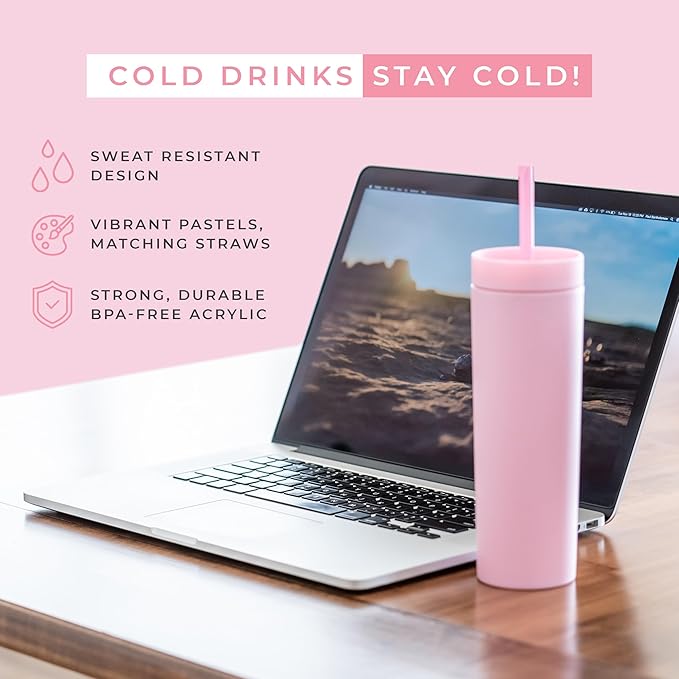 STRATA CUPS Pink Skinny Tumblers with Lids and Straws (12 pack) - 16oz Double Wall Acrylic Tumbler, Tall Matte Skinny Tumblers, Bulk with Free Straw Cleaner, Reusable Cups - Bloomnest