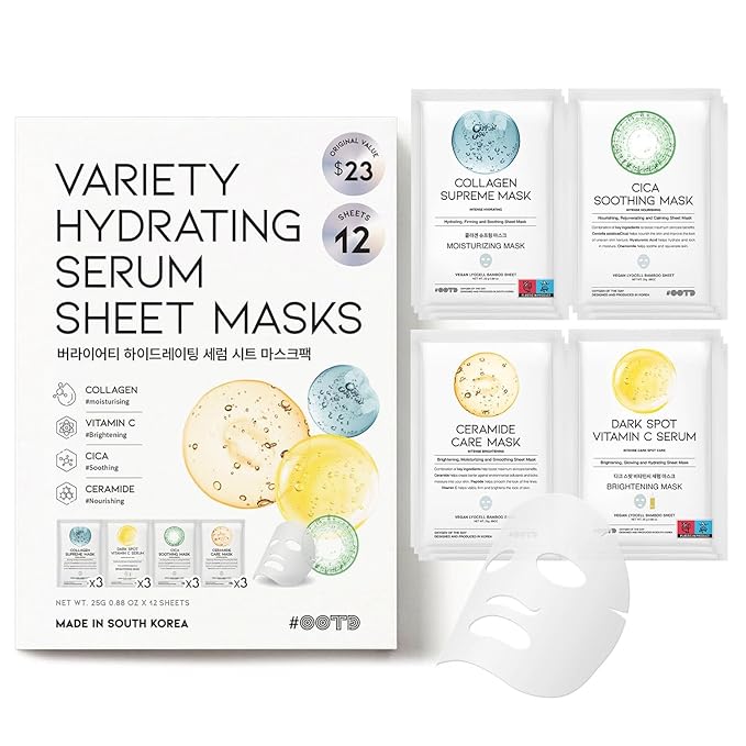 #OOTD Face Mask Korean Skincare for Dry Sensitive Skin | Hydrating, Revitalizing, Calming, Collagen, Ceramide, Cica, Vitamin C Serum Sheet Masks (12EA) - Bloomnest