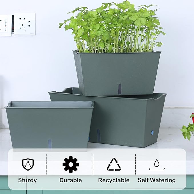 Window Box Planter 6 Pcs, 12.6 Inches Self Watering Rectangle Flower Plant Pots with Drainage Holes & Breathable Trays, Vegetable Planters for Windowsill Patio Garden Balcony Porch Yard (Dark Green) - Bloomnest