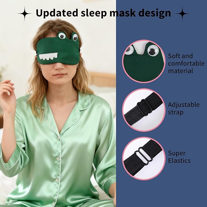 Cute Sleep Eye Masks for Kids, Kawaii Cartoon Kids Sleeping Mask for Women Boys Girls Teens, Soft Plush Adjustable Eyeshade Silk Travel Nap Eye Cover (Gray Shark+Green Crocodile) - Bloomnest