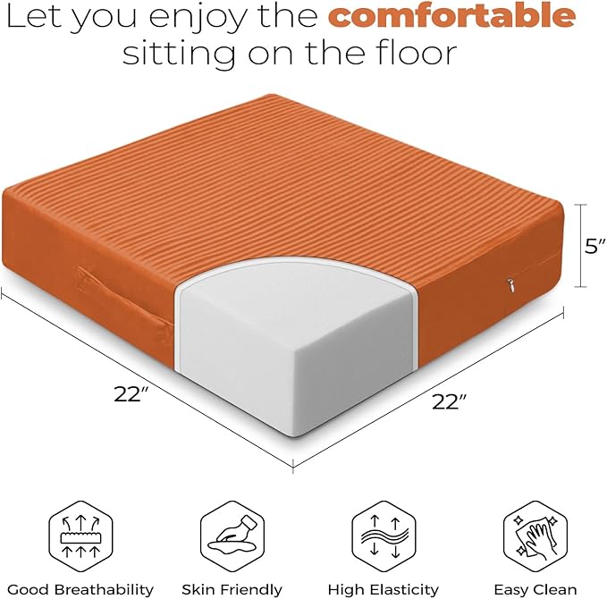 Large Floor Pillows for Adults, Thick Meditation Floor Cushions for Sitting Yoga, 22x22x5 Foam Seat Cushions Set of 2 for Furniture, Floor Pillow with Pleated Velvet Removable Cover, Orange