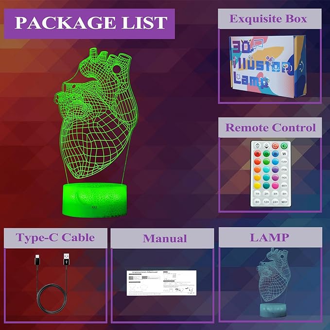 Heart Anatomy Illusion Lamp, Cardiology Gifts, 3D Night Light, 16 Colors Changing, Timer, 4 Flash Modes and Dimmable, Kids Room Decoration, Xmas Heart Model Gifts - Bloomnest