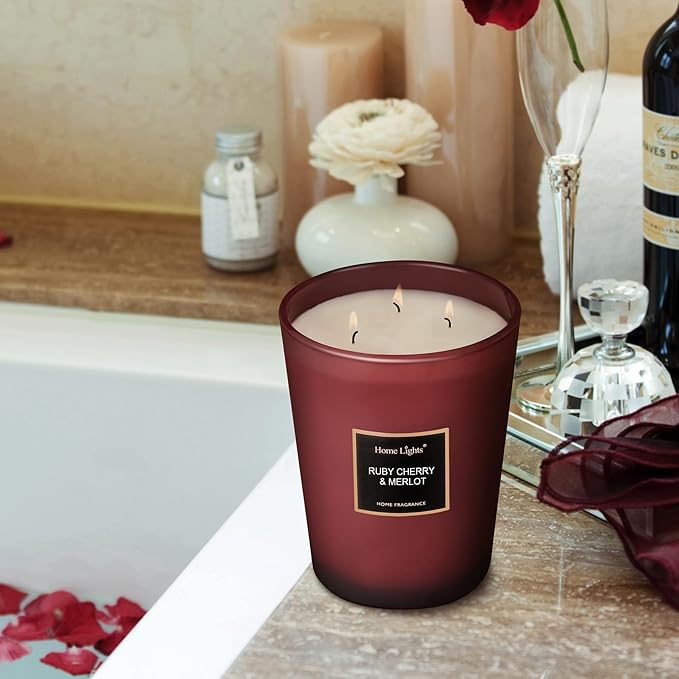 HomeLights Scented Candles - Large Jar Aromatherapy, Natural Soy Wax, 130 Hour Long Burning, Ruby Cherry & Merlot - Bloomnest
