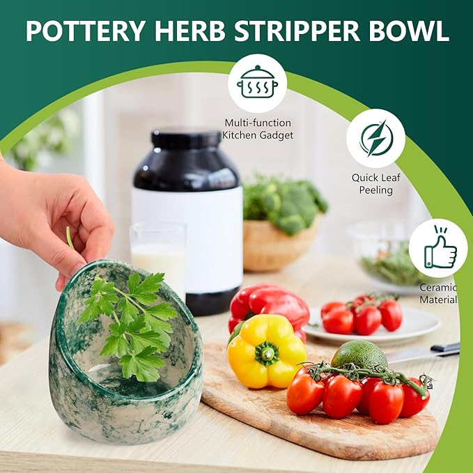 Pottery Herb Stripper Bowl, Handmade Ceramic Herb Peeling Bowl, for Separating Leaves and Stems (Green) - Bloomnest
