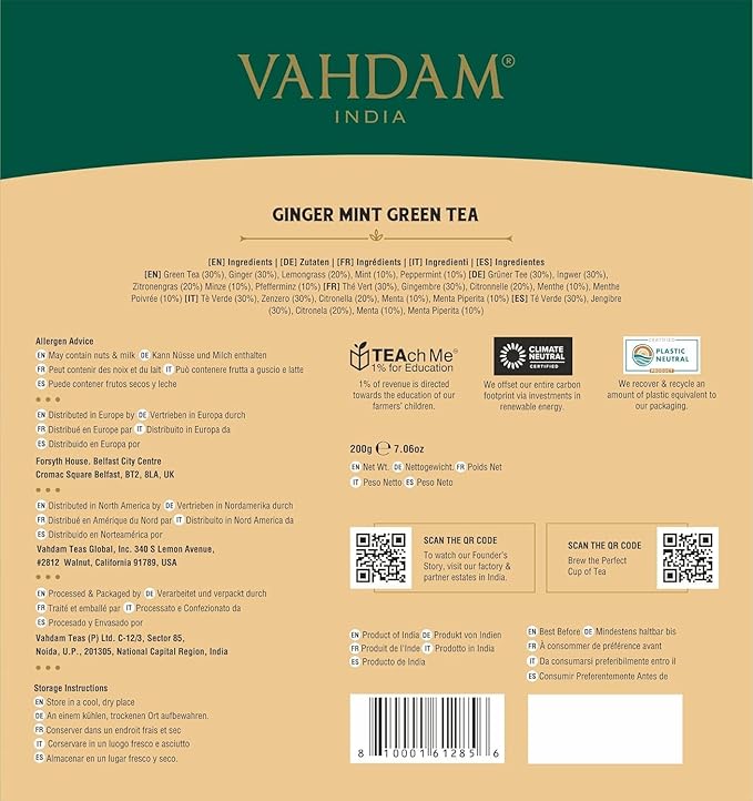 VAHDAM, Ginger Mint Green Tea Bags (100 Count) High Grown Green Tea with Raw Ginger | Medium Caffeine | Non GMO, Gluten Free | Mint Tea Bags | Resealable Ziplock Pouch - Bloomnest
