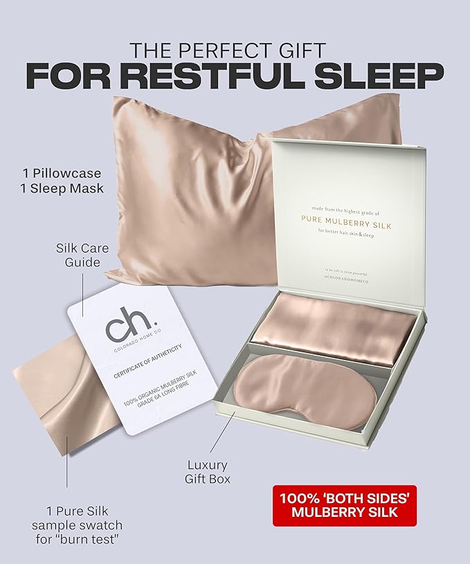 Colorado Home Co Silk Pillowcase for Hair and Skin - Nude Champagne Queen Size 100% Silk Pillow Covers - 20x30 - Pillow Case for Acne with Eye Mask for Sleeping - Bloomnest