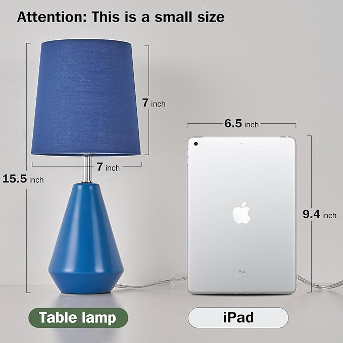 Small Bedside Table Lamp for Bedroom - Reading Desk Lamp with 3 Color Temperatures，15.5" Nightstand Ceramic Lamp with Fabric Shade for Kids Room,Living Room,Dorm,Home Office (Blue) - Bloomnest