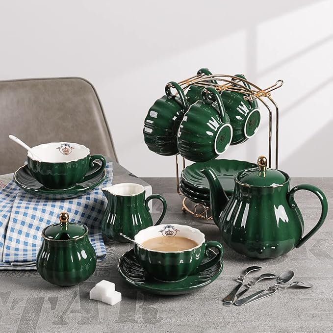 Sweejar Porcelain Tea Sets British Royal Series, 8 OZ Cups& Saucer Service for 6, with Teapot Sugar Bowl Cream Pitcher Teaspoons and Tea Strainer, Suitable for High Tea, Wedding, Party (Jade) - Bloomnest