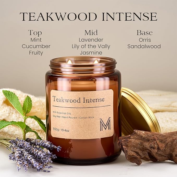 M&SENSE Teakwood Intense Home Scented Candle | 19.4oz, 116-Hour Burn | Natural Organic Soy Wax | Long-Lasting for Stress Relief and Gifting | for Bedroom，Relaxing SPA，Office - Bloomnest
