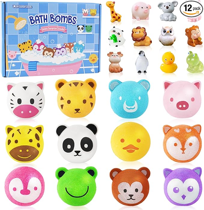Bath Bombs for Kids with Surprise Toys Inside, 12 Pcs Bubble Bath Fizzy Balls with 12 Animal Shapes, Natural Bath Bombs Easter Christmas Children's Day Gift Set for Kids Girls Boys Toddlers - Bloomnest
