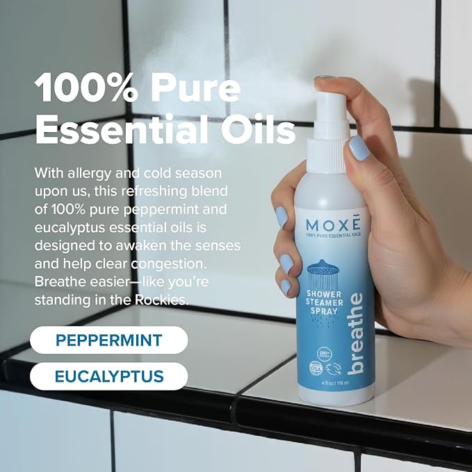 MOXE Breathe Shower Mist, Eucalyptus and Peppermint, Spa Steam Spray, Certified Natural 100% Essential Oils, Made in USA, Aromatherapy, Sinus Congestion Relief, Tension Relief, 4 Ounces (1 Pack) - Bloomnest