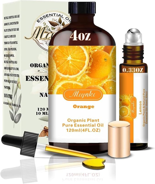 Orange Essential Oil,Roll-on Orange Oil Set (4 Fl Oz x1 + 0.33 Fl Oz x1) - 100% Natural, Diffuser, Massage, Yoga, DIY Soap and Candle Making, Fragrance Oils, Spa Care - Bloomnest